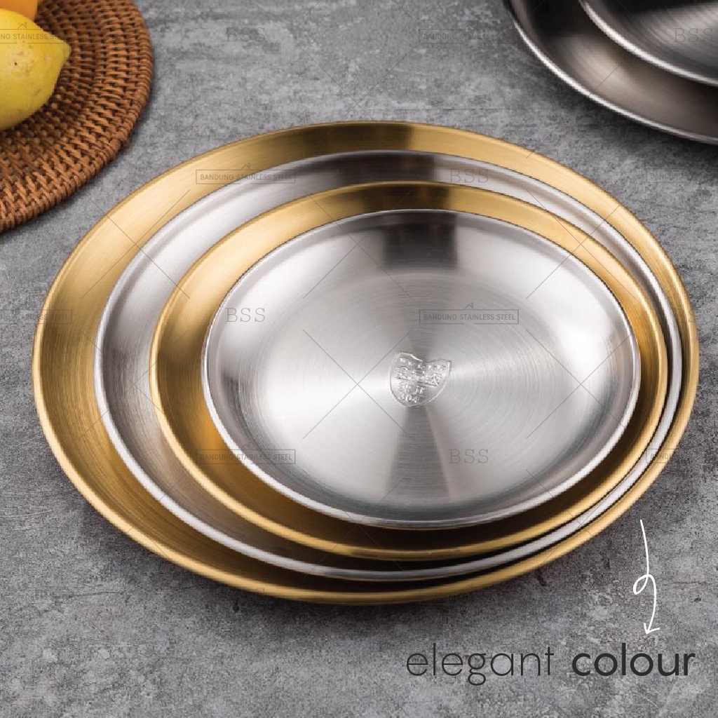 Piring Korea Stainless SUS 304 20cm 23cm 26cm Makan Saji Cemilan Silver Gold