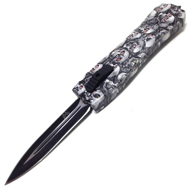 Pisau Lipat Saku Otomatis ON OFF Stainlles steel berkualitas Motif Tengkorak Survival kit