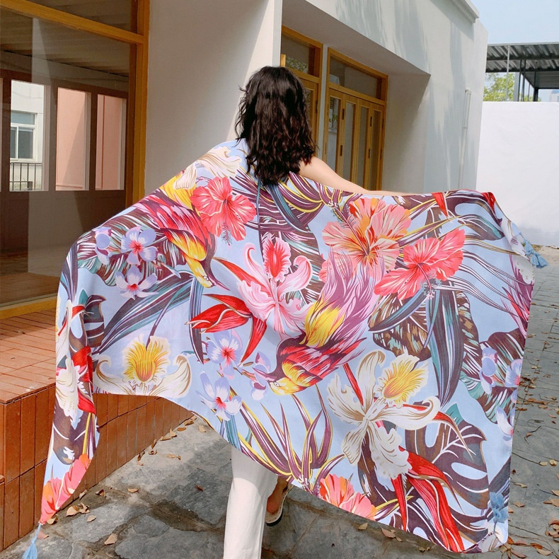 Syal Colorful Lebar Syal Bunga Cerah Kain Pantai Lebar Lucu Selendang Pashmina Import Bagus Besar-4