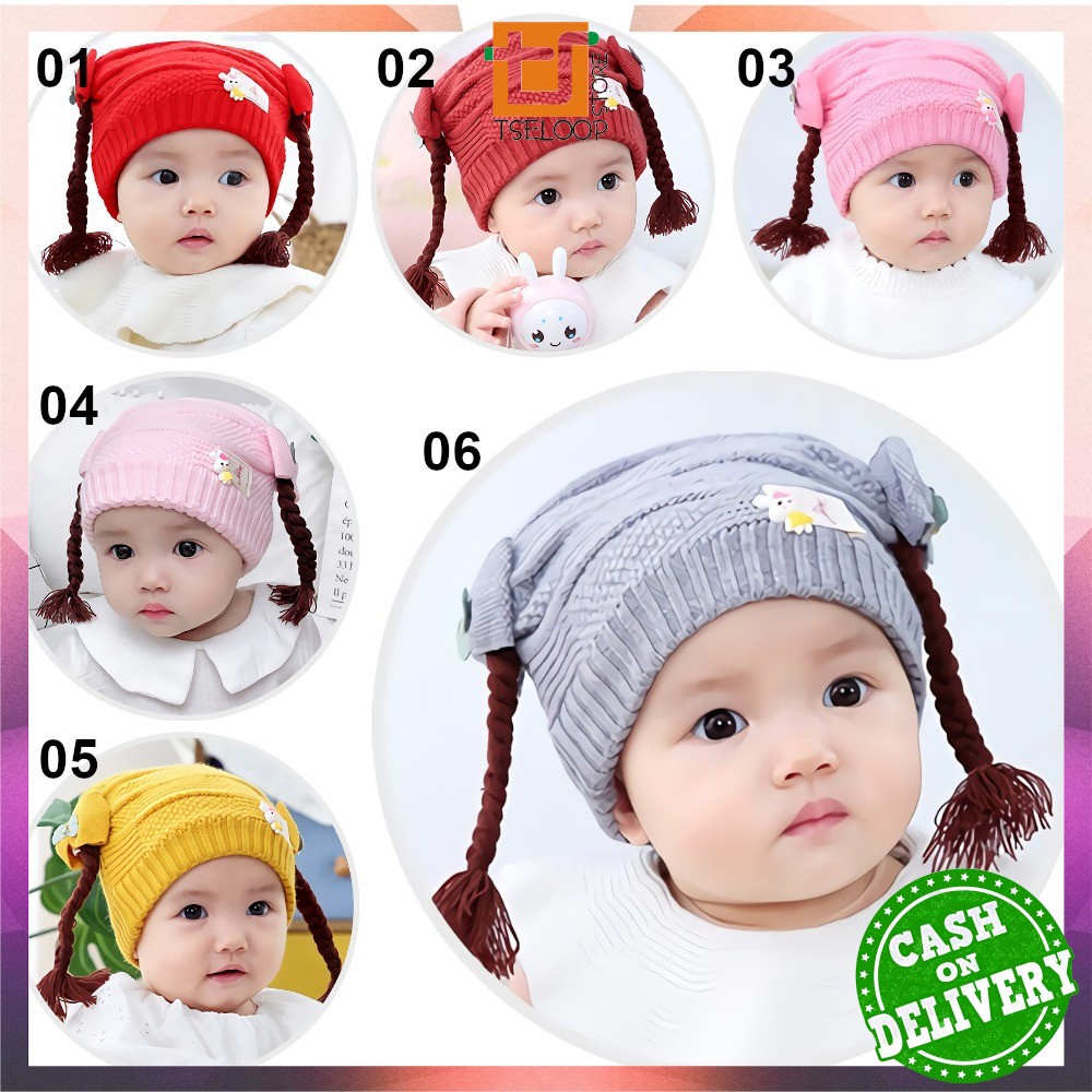 OFM-P19-21 Topi Anak Perempuan Rambut Kepang / Topi Bayi Kupluk Rajut Imut Lucu / Baby Hat Wig Impor-PART 01