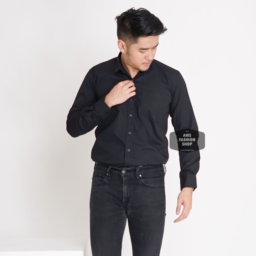 KEMEJA PRIA LENGAN PANJANG POLOS HITAM PEKAT BLACK SLIMFIT CASUAL 3258