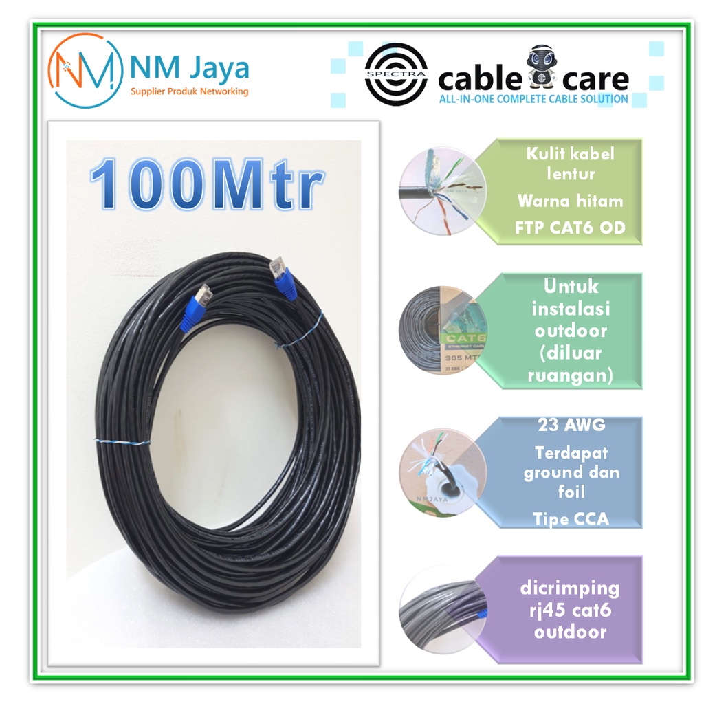 Spectra kabel wifi internet 100 meter cat 6 outdoor Ftp cat6 siap pakai sudah terpasang rj45 besi dan plugbooth warna hitam original