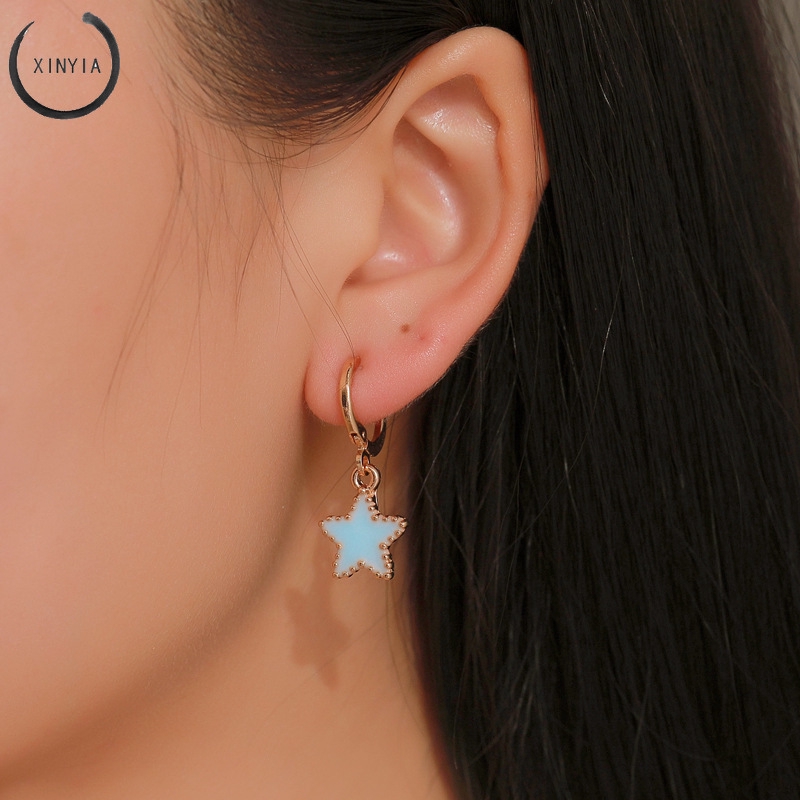 Korea Biru Anting-anting Pentagram Manis Temperamen Geometri Biru