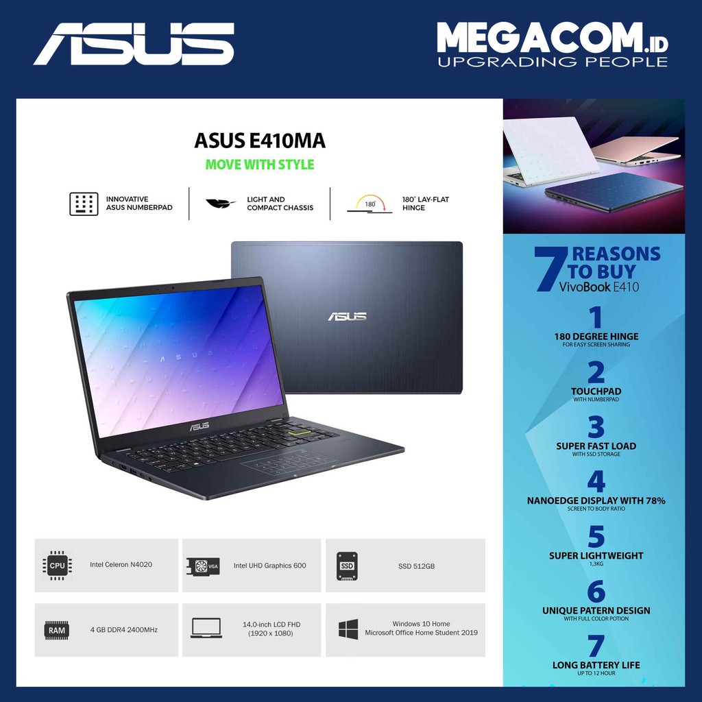 Asus E410MA-BV456FHD Black [Intel N4020|RAM 4GB|SSD 512GB|Win10|OHS2019]