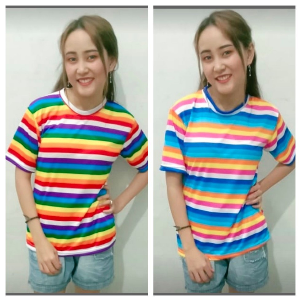 KAOS T-SHIRT O-NECK MOTIF GARIS PELANGI SWEET RAINBOW ...