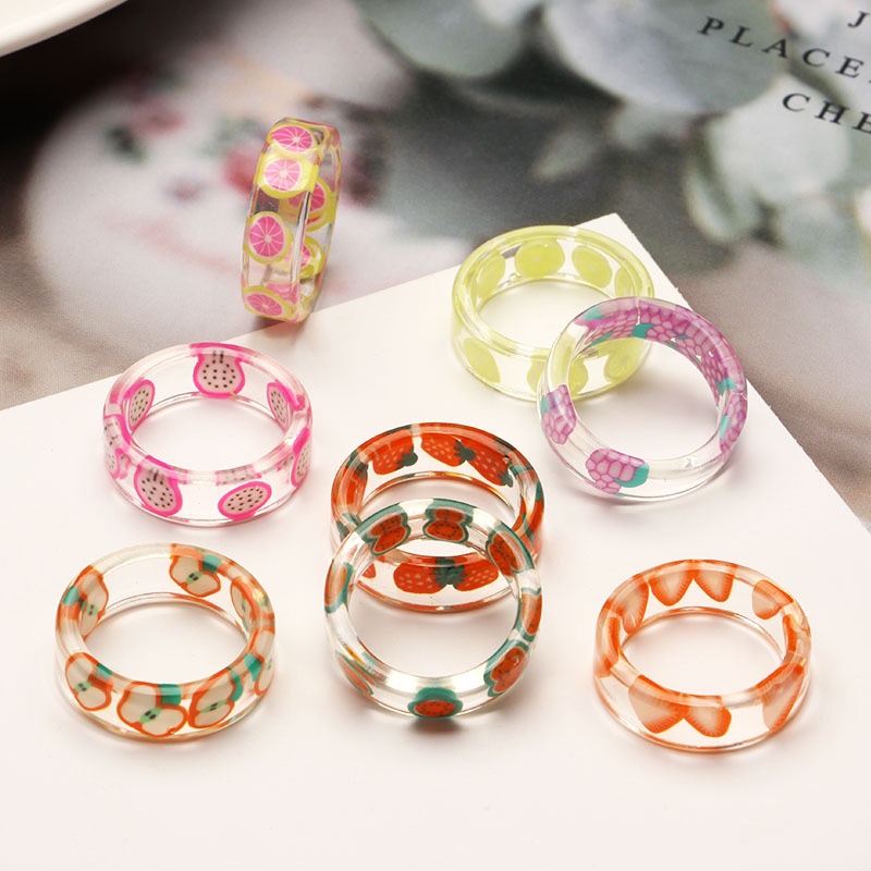 Fashion Colorful Transparent Fruits Pattern Resin Rings Female Geometric Round Lemon Strawberry Ring Jewelry Party Gifts