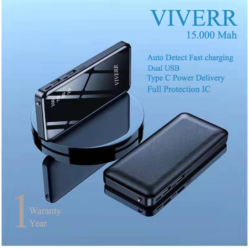 Powerbank Viverr U1 15.000 Mah LED lampu Resmi 1Tahun Small Power Bank Dual Output Murah Berkualitas