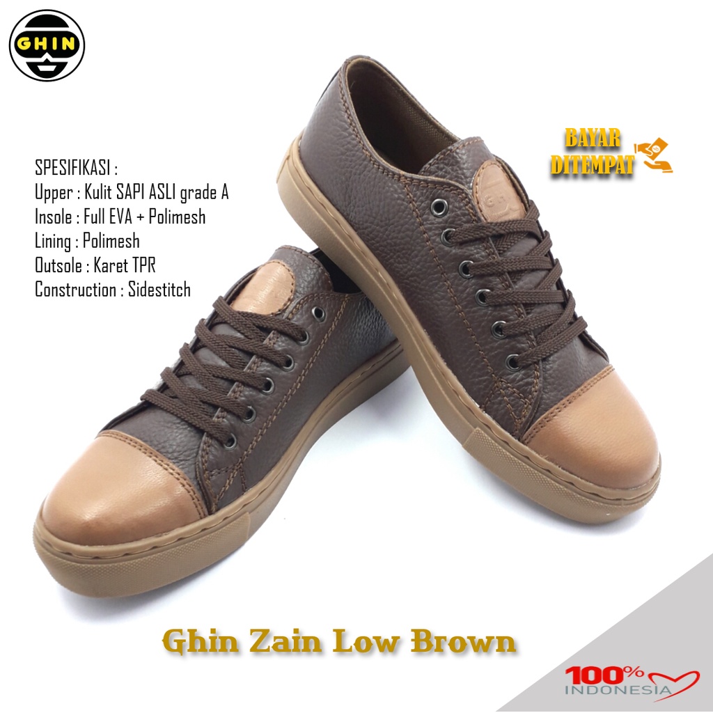 GHIN Sepatu Snakers Casual Pria Wanita Kulit Asli Ghin Original Zain Low Brown