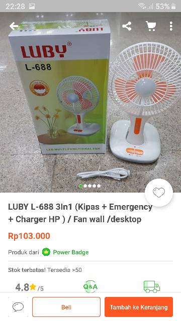 Luby L-688 Emergency 3 Fungsi Kipas, Lampu &amp; Charger HP.