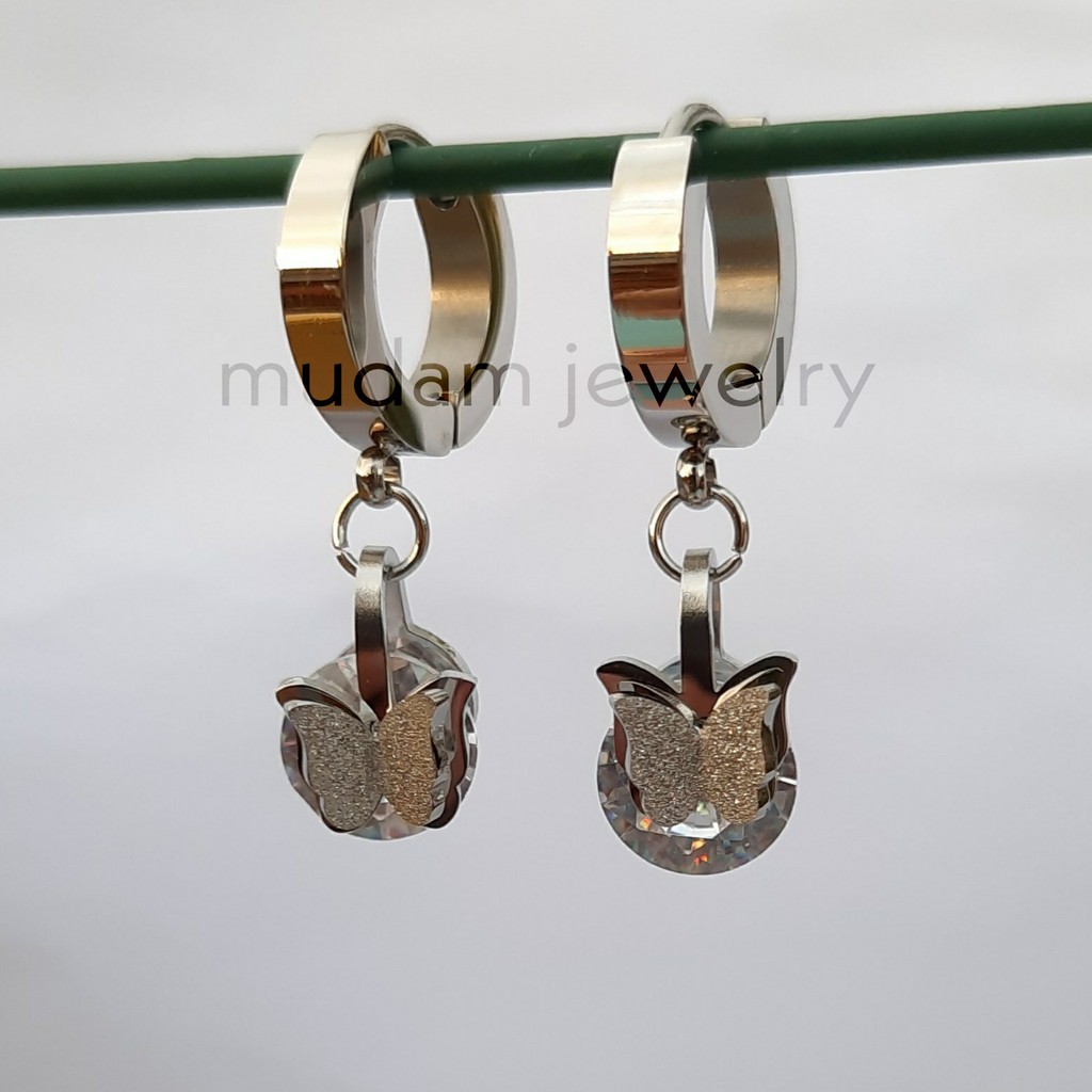Anting Titanium Kupu-Kupu Diamond Juntai Untuk Wanita Fashion Warna Rose Gold, Gold dan Silver
