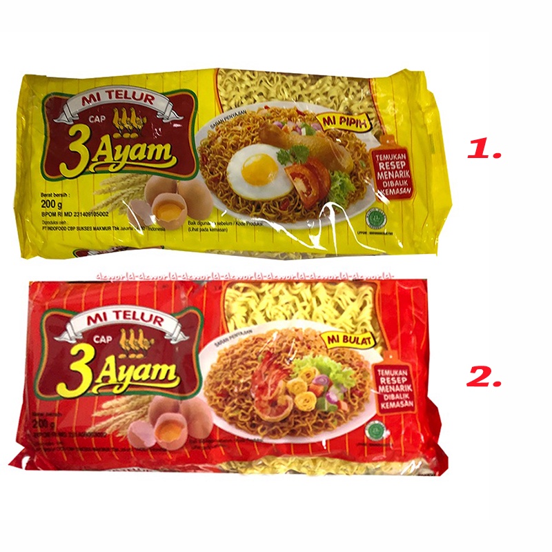 

Mi Telur Cap 3 Ayam 200gr Mi Pipih mi Bulat Mie Kuning Mie Telor Bungkus Instan Cap3Ayam Tiga Ayam Egg Noodles