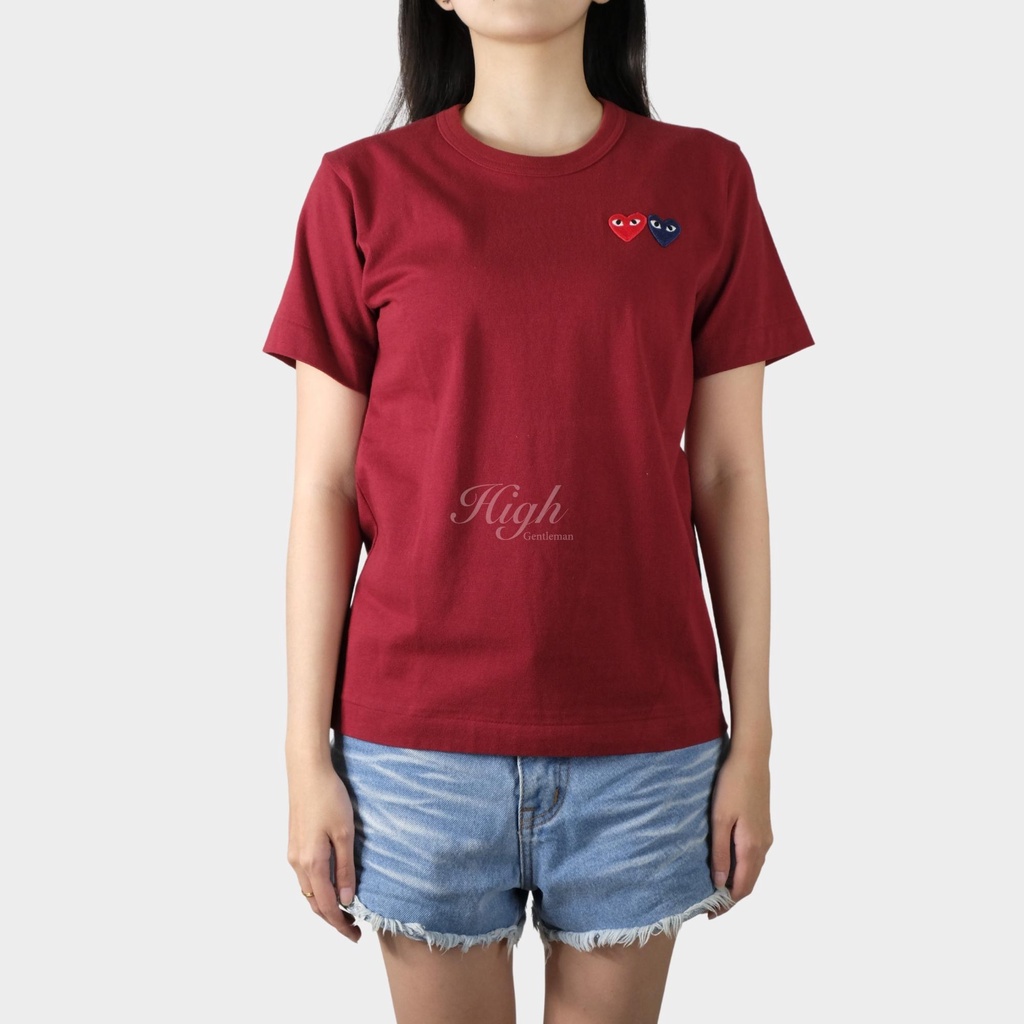 CDG Women Double Heart Tee Burgundy 100% Authentic