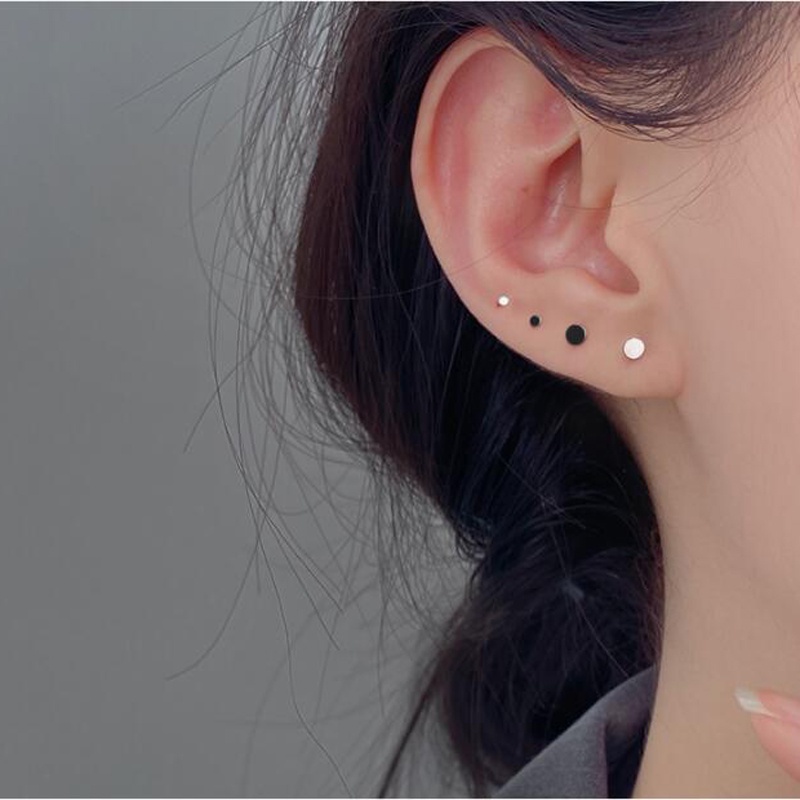 Roselife 1 Pasang Anting Tusuk Silver S925 Bulat Hitam Anti Alergi Untuk Unisex / Pria / Wanita