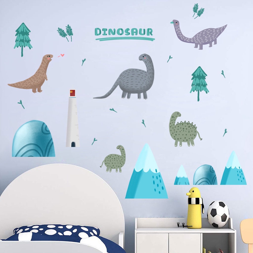 2pcs / set Stiker Dinding Motif Kartun Dinosaurus Dapat Dilepas Untuk Dekorasi Kamar Tidur Anak