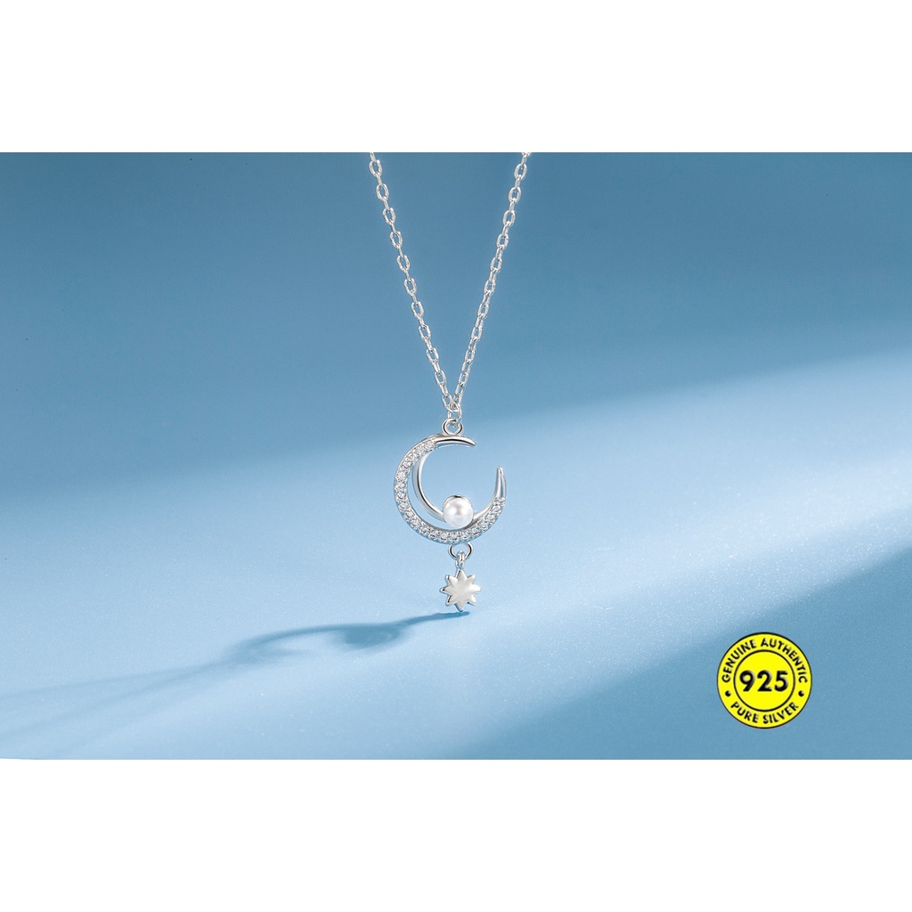 Kalung Rantai Sterling Silver 925 Dengan Liontin Bintang / Bulan Hias Berlian Imitasi Untuk Wanita