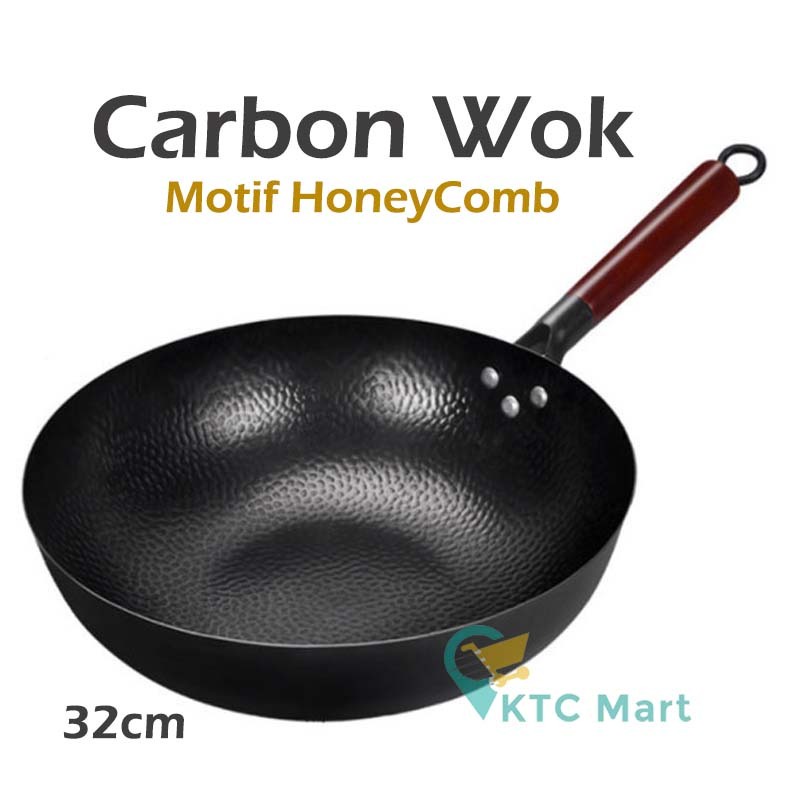 Carbon Wok Pan HoneyComb 32 CM + Tutup Kaca Wajan Hitam Kuali Hitam Anti lengket Kuali Anti Gores