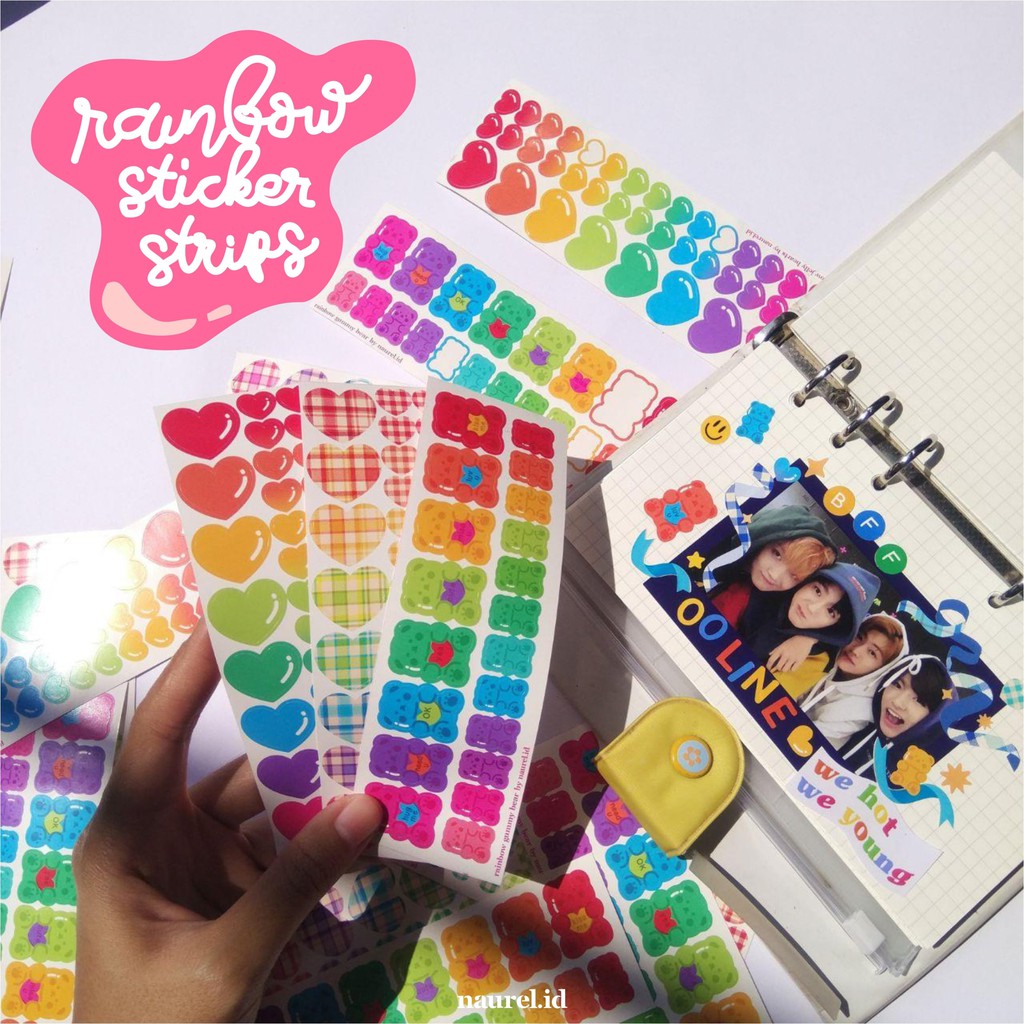 

[Naurel.id] Rainbow Sticker Strips: Jelly & Plaid Hearts, Gummy Bears for Polco/Journal/Planner