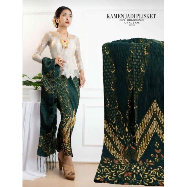Kamen Plisket Sutra Dobby Plus Selendang//Rok Jadi//Rok Bali/Pakaian Adat Bali-Hijau Botol