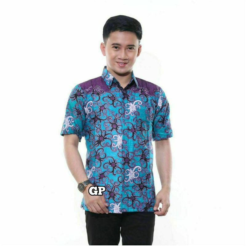 ATASAN BAJU BATIK PRIA COWOK LENGAN PENDEK WARNA BIRU TOSCA M L XL KERJA KANTOR CASUAL KONDANGAN