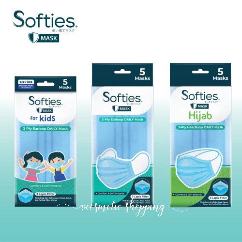 Softies Daily Mask 3ply Earloop | Hijab | Kids Sachet 5 pcs