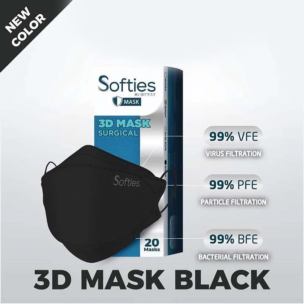 Bisa COD Masker Softies 3D Surgical Mask 4-Ply isi 20 Sheet Warna Hitam