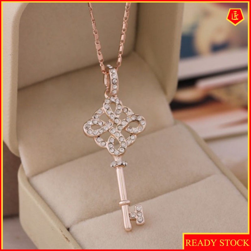 [Ready Stock]Korean Style Rose Gold Key-Shaped Necklace Full Diamond Pendant Simple Fashion