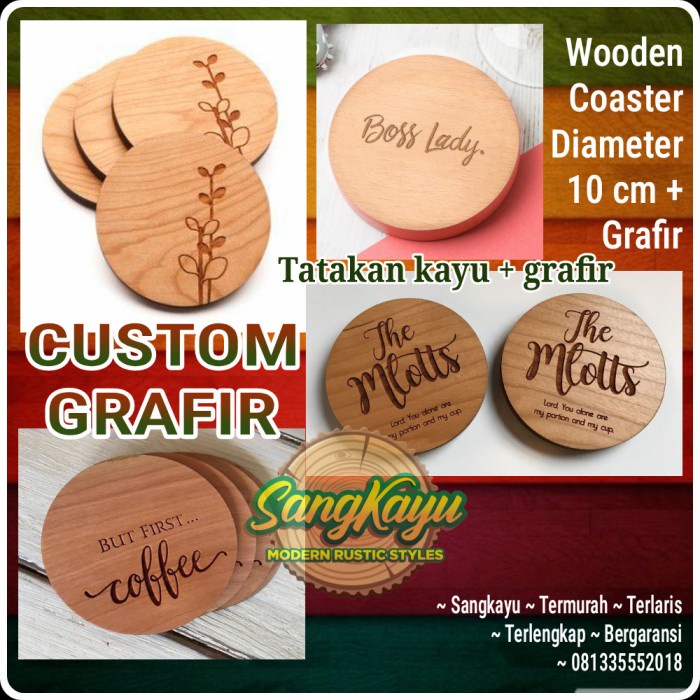 Tatakan kayu Grafir laser custom nama dan ukuran Diameter 10 cm