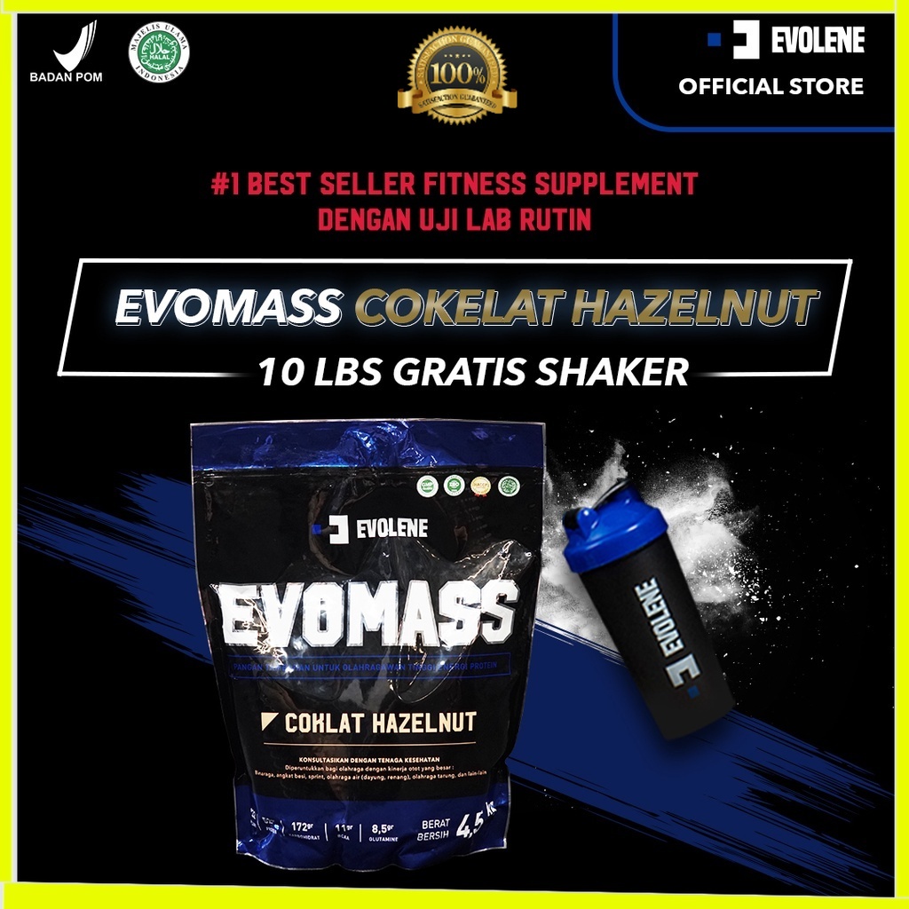 Evomass Coklat Hazelnut 4500gr/20x serving + Free Shaker - Penambah massa otot - Suplemen fitness - Pembentuk otot - Kaya Nutrisi - Surplus kalori - Minuman susu workout - Susu penambah berat badan - Evo Mass mas Evomas Evolene Evoline Evolen