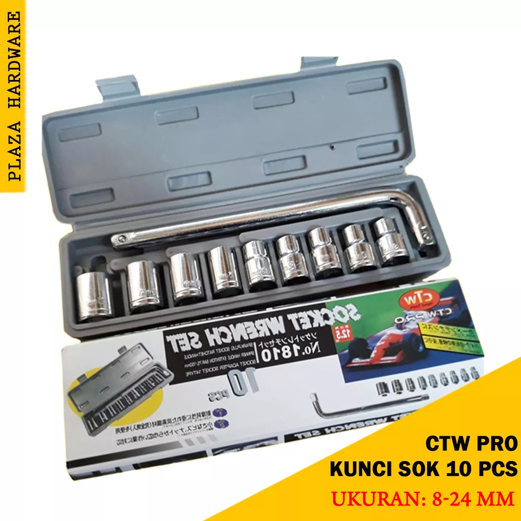 Kunci Sok Set Lengkap 8-24 mm 10 pcs Ctw Pro shok Sock Socket Toolset Tools Kit Socket Wrench Ukuran