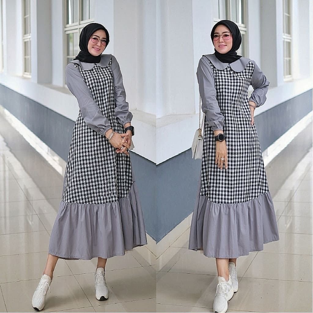 COD- Amelia Long Tunik Bahan Rayon Mix Katun Kotak / midi dress muslim / midi dress korea / midi dre