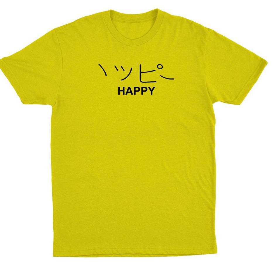 Kaos Baju Tulisan Kata Kata Happy Japan Jepang Lucu Seneng Distro Cotton combed Pria Wanita - Hitam