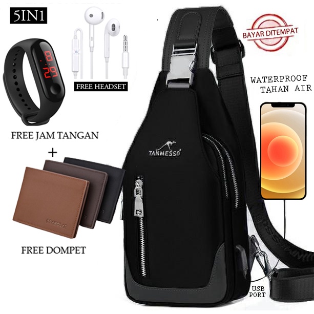 TANMESSO 5in1 BAYAR DITEMPAT- JAM LED -HEADSET- DOMPET -USBPORT -TAS WATERPROOF-BAHAN INTERPILAR SENDIRI LEMBUT DAN TEBAL MENGANDUNG 70%COTTON BUKAN PARASUT ATAU KANVAS SEPERTI YANG BEREDAR DIPASARAN-TAS SELEMPANG PRIA-SLING BAG PRIA