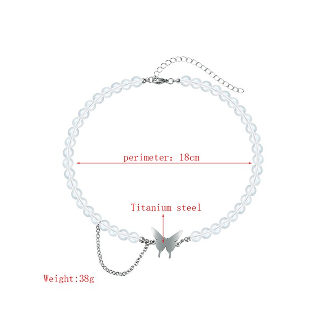 LRC Kalung Wanita Fashion White Butterfly Transparent Crystal Titanium Steel Necklace K41932