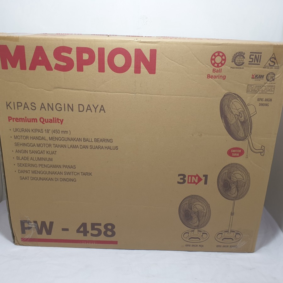 Kipas Angin Maspion Power Fan 3in1 18 inch PW 458 - PW458 Desk Wall Stand Fan 18inch  Baling Besi original (xpedisi)