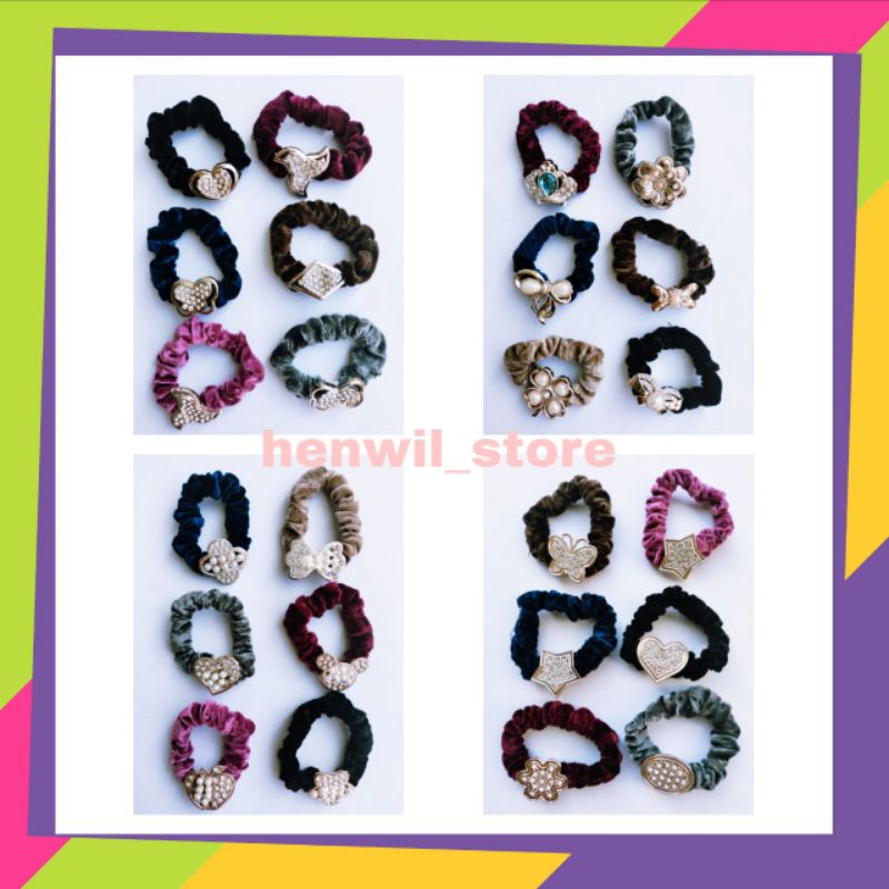Ikat rambut bahan bludru velvet motif mutiara permata