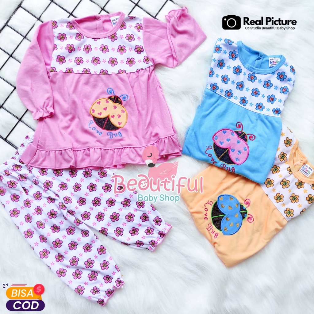 Baby.ou - Setelan Baju Bayi Lengan Panjang Celana Panjang Motif Kumbang / Setelan Piyama Bayi Perempuan 3-12 Bulan / Baju Bayi Perempuan Syifana