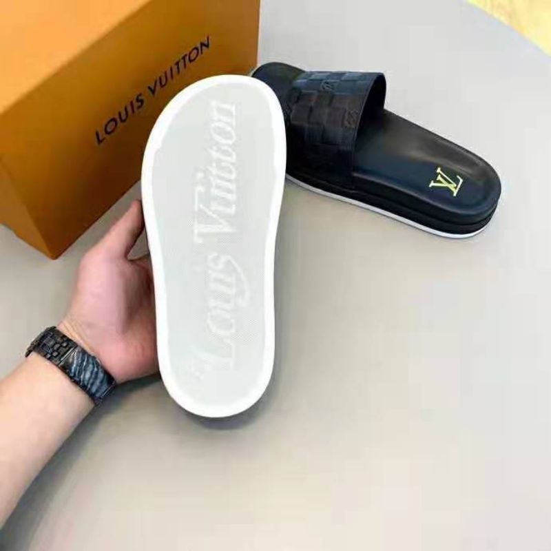 sandal cowok slip on lv sendal pria mirror kulit asli selop slippers men