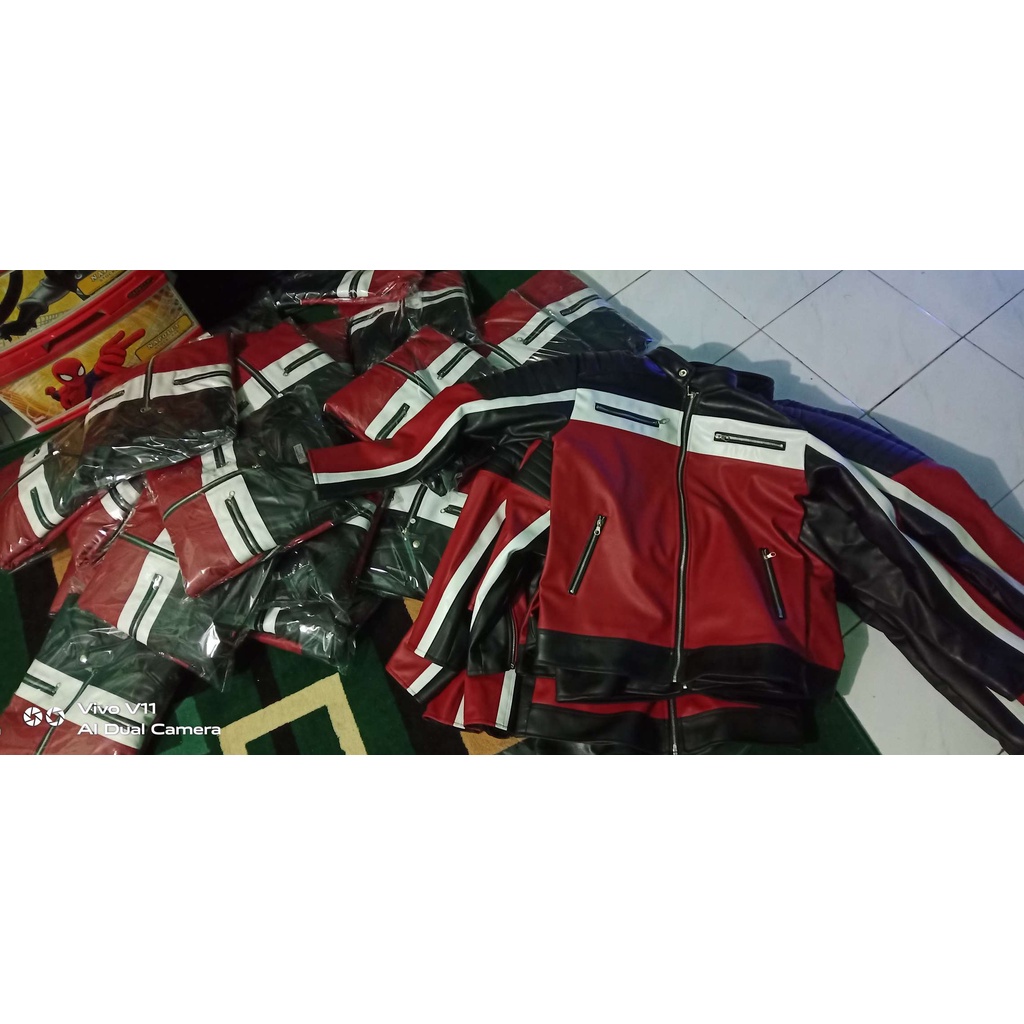 jaket kulit pria motor atau jaket cowok kulit sintetis kombinasi merah hitam premium