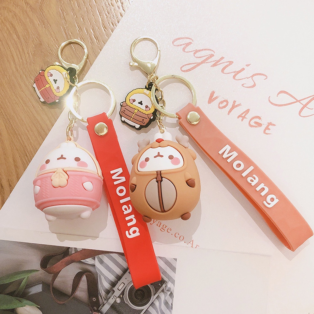 Needway  Fashion Jewelry PVC Key Ring Rubber Bag Molang Rabbit Keychains Women Lovers New Cute Car Charm Cartoon Pendant/Multicolor