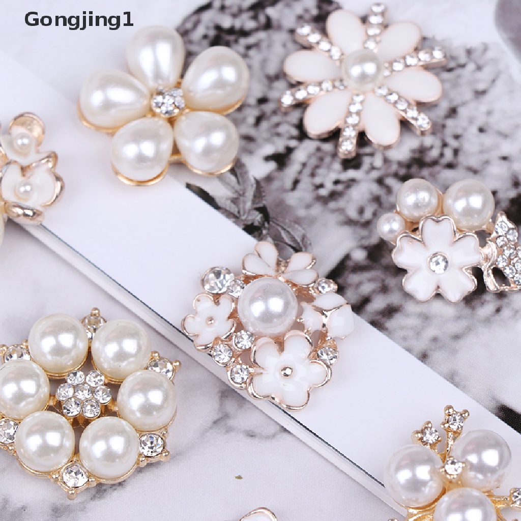 Gongjing1 10pcs Kancing Mutiara + Berlian Imitasi Flatback Untuk Kerajinan Tangan