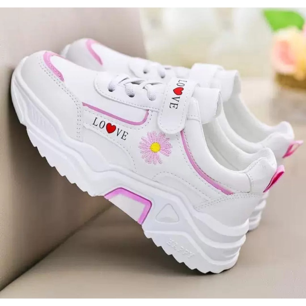 Sepatu Sneakers Anak Perempuan Motif Love Dan Bunga Best Quality premium AS 164