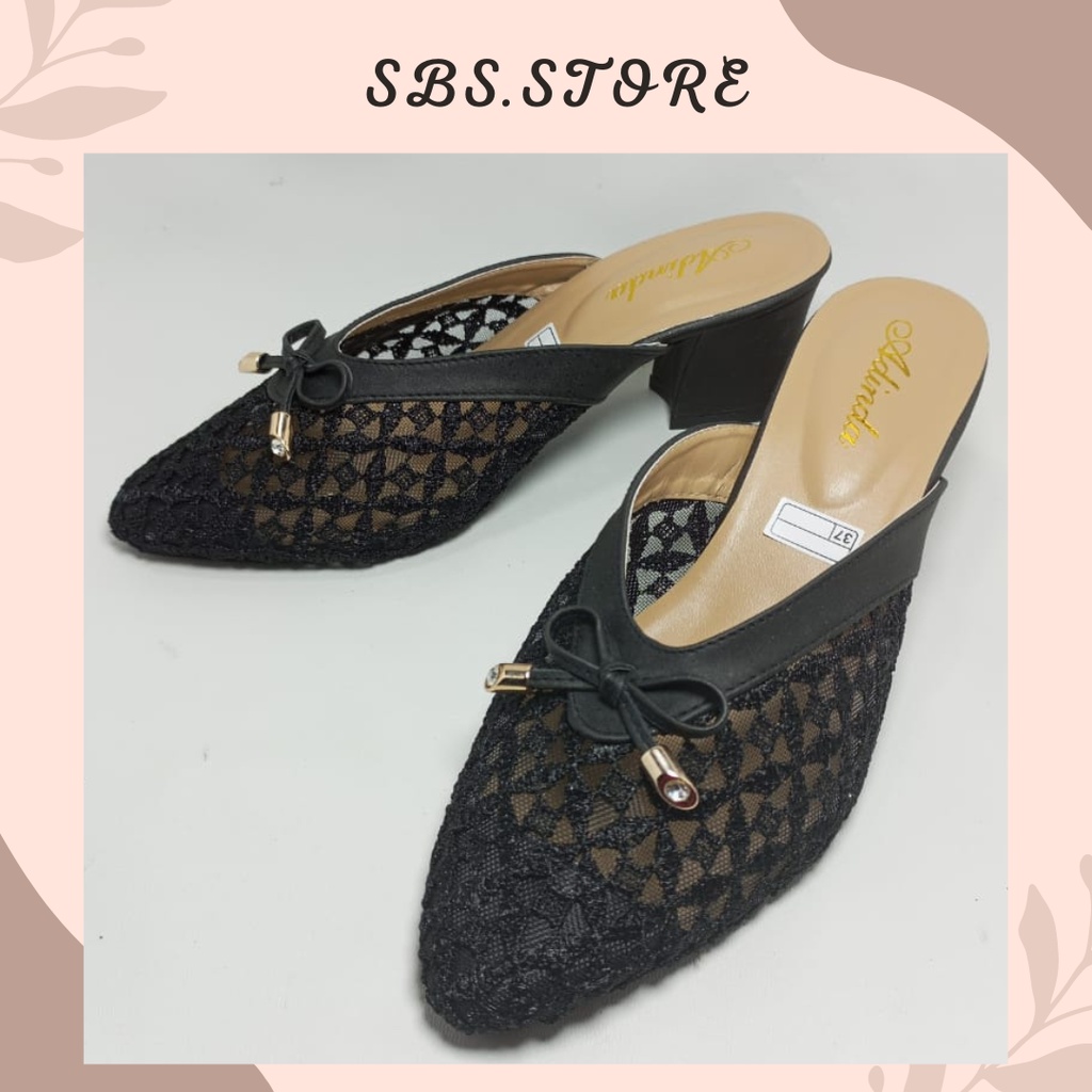 Sendal/Sandal Brukat Wanita Hak Tahu 5cm/Bustong Pesta Pernikahan/Sepatu Wanita Hak tinggi/Remaja/Highheels/Hak Tinggi/Selop Wedges/High Heels/Sandal Pesta Hak Mules Brukat Jala/Slop Perempuan Pesta Kondangan Model Berukat Pita Original Import/Higheels