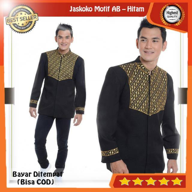 Jasko, Jas Koko, Jaskoko Pria Muslim Bordir Modern Original Bahan , Motif Batik Hitam