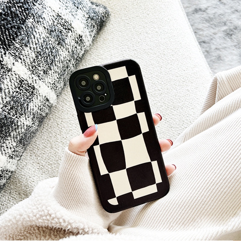 Soft Case Bahan Kulit Domba Motif Kotak-Kotak Hitam Putih Untuk Iphone 13 12 Pro Max 11 6 6S 7 8 Plus Xr XS