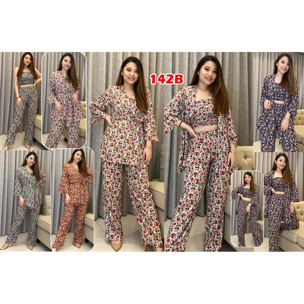 142 B // Set kimono motif bunga bahan rayon (cardigan+ tali + kemben+ celana)/fashion set