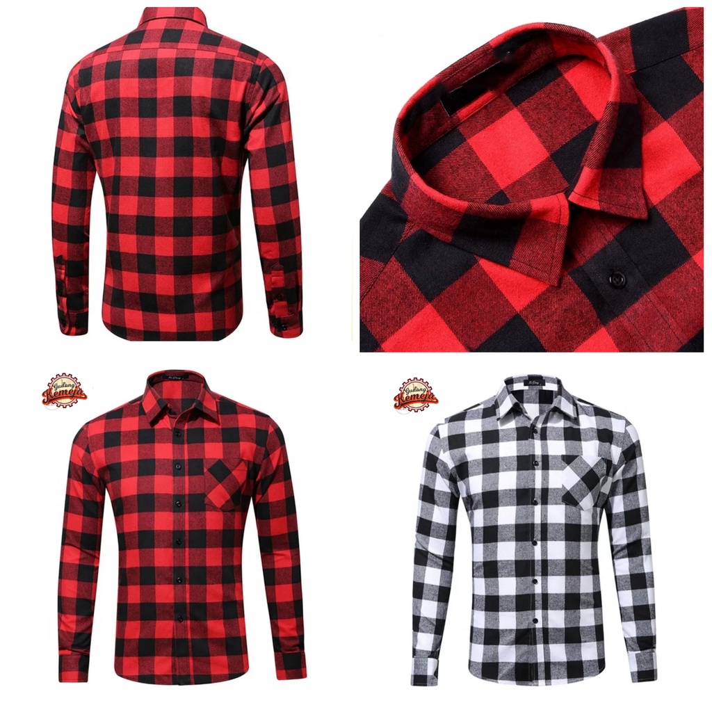 Kemeja Kotak Pria Lengan Panjang / Kemeja Kotak Merah Hitam & Hitam Putih Pria / Kemeja Kotak Kotak