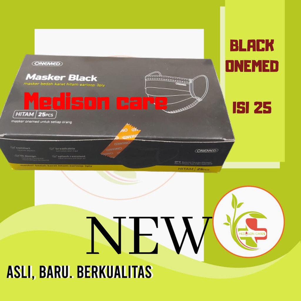 masker black onemed bedah medis hitam 3ply earloop | isi 25 pcs