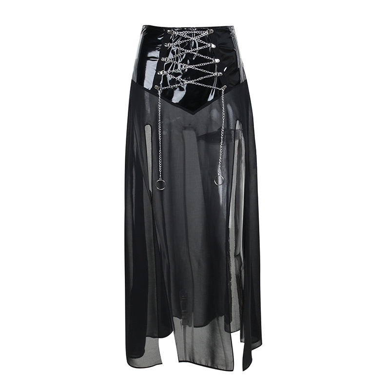 Women Chiffon Leather Slit Maxi Skirt 8466 (S/M/L)