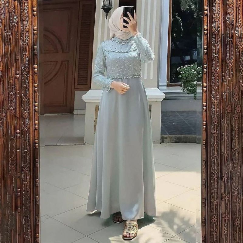 TERMURAH - Gamis Kebaya Brokat Tille Mutiara Mix Satin Dress Clara Dress Kebaya Kondangan Modern Ter