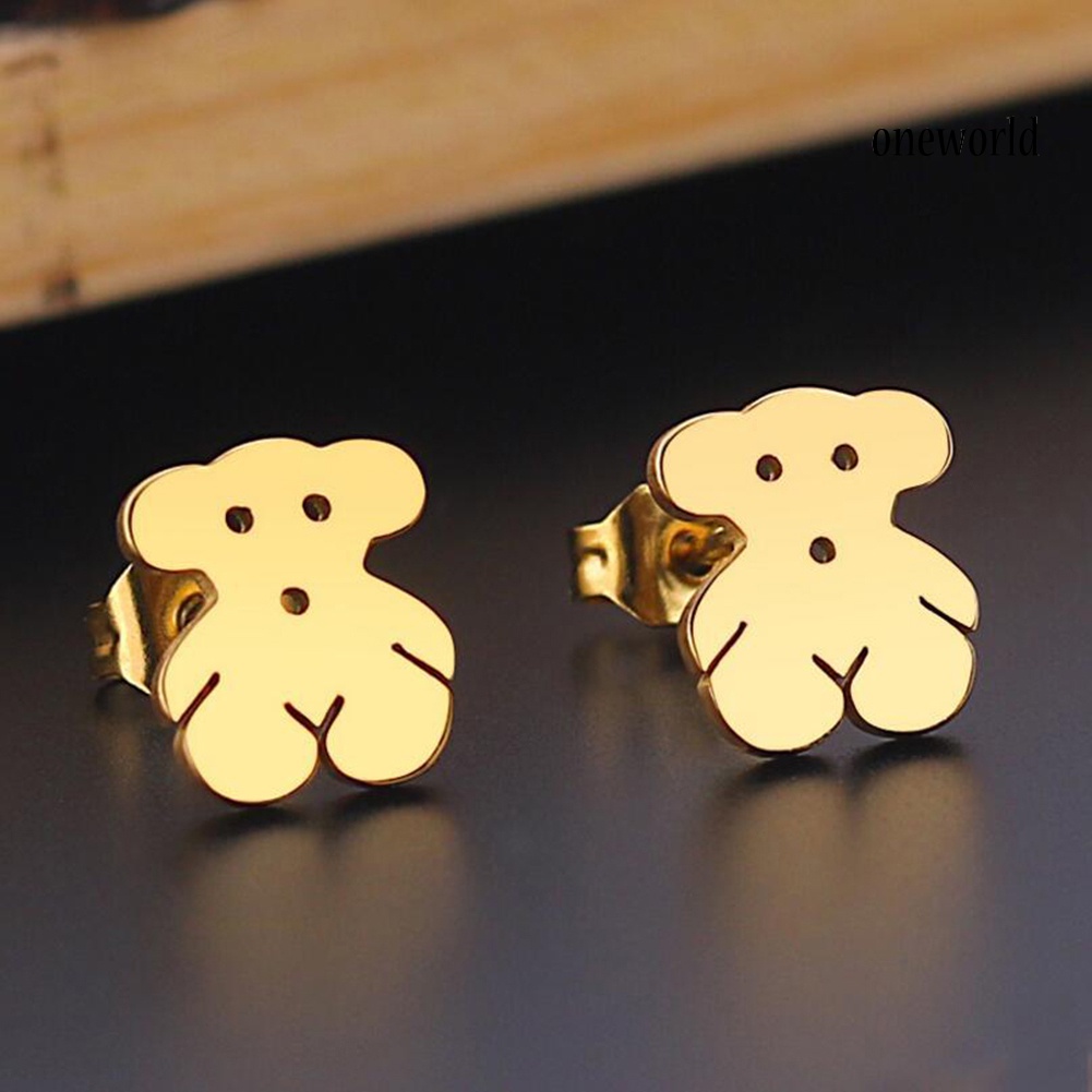 OW@ Women Cute Cartoon Mini Stainless Steel Bear Ear Stud Earrings Jewelry Gift